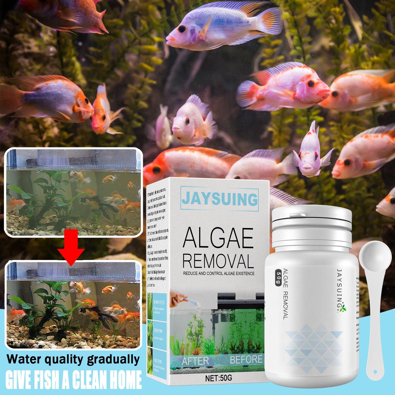 Aquarium Moss - ผงกำจัดสาหร่ายในตู้ปลา, สารควบคุมการเจริญเติบโตของมอสและสาหร่าย, สารปรับสภาพน้ำให้ใสและเขียว สำหรับตู้ปลาและบ่อปลา